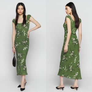 Reformation, Women’s Demy Floral-print Georgette mial Dress- Green. Size:S